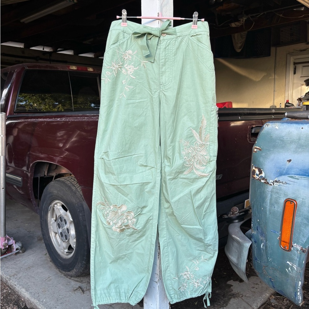 Anthropologie Green EmbroideredCargo Wide Leg Pants